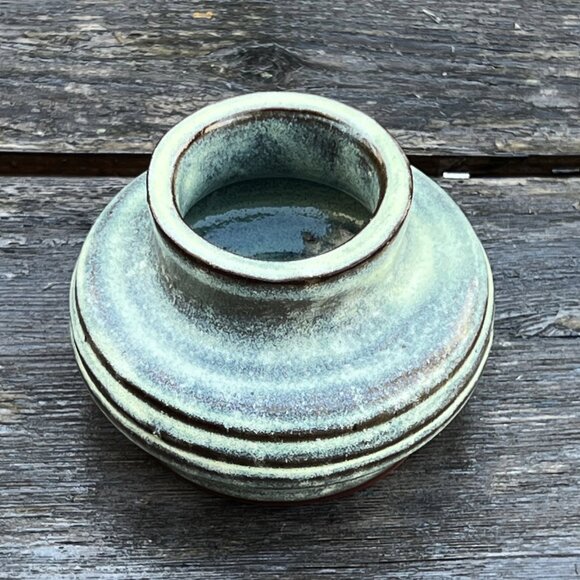 Vintage Artist Signed Blue Drip Brown Glaze Studio Pottery Vase Wheel Thrown Pot - Picture 3 of 5